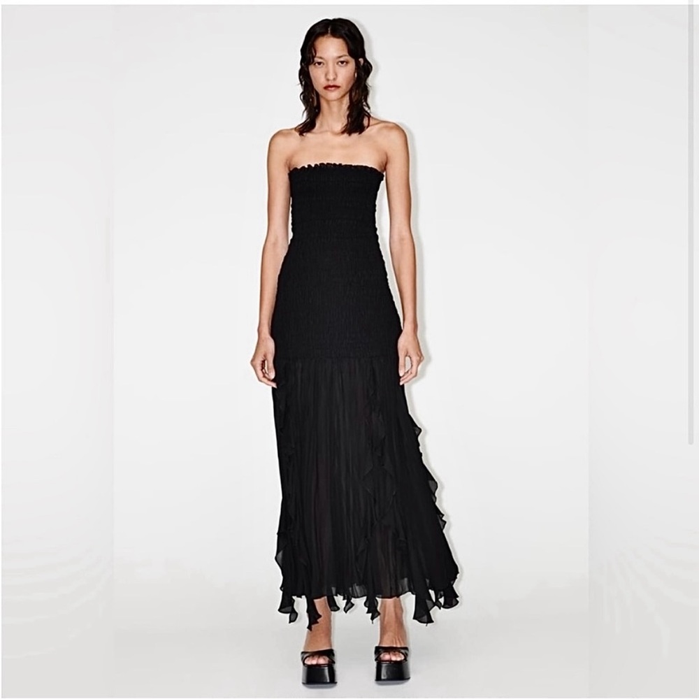 Zara RUCHED smocked bodice STRAPLESS long chiffon skirt black DRESS Sz.S